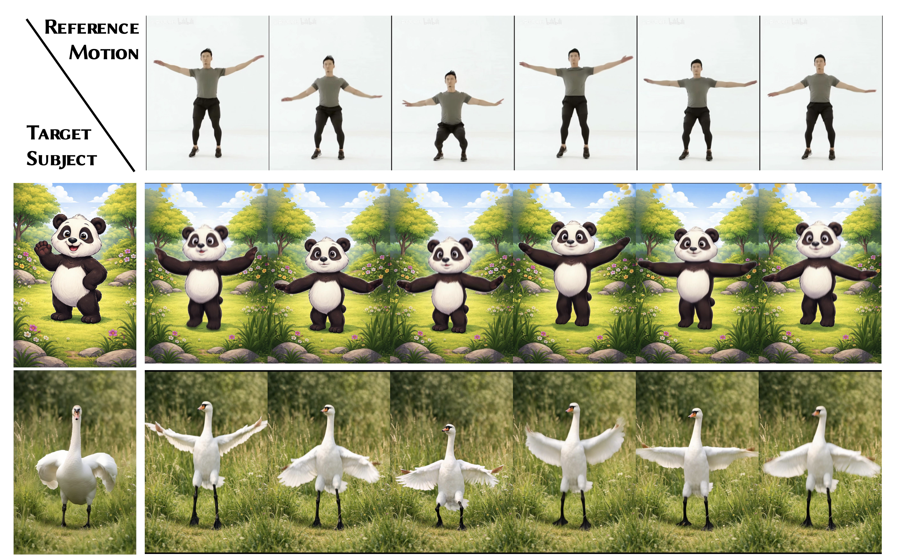 Teaser figure — cross-species motion transfer